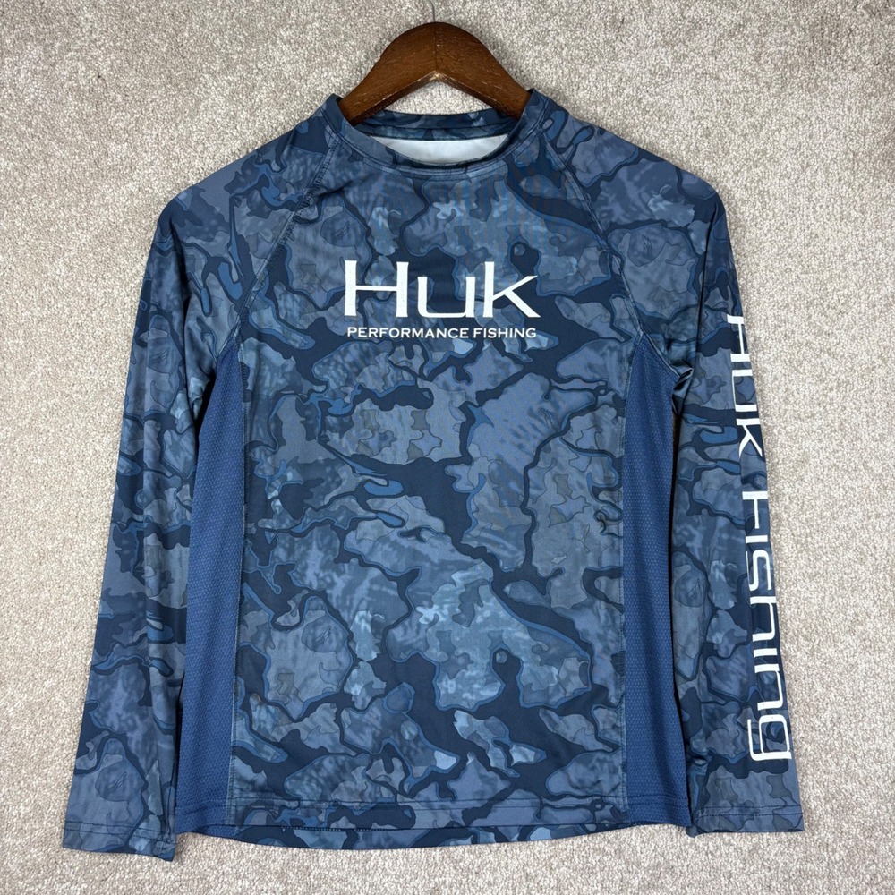 Huk Performance Fishing Shirt Kids Youth Medium Blue Camo Long Sleeve Top